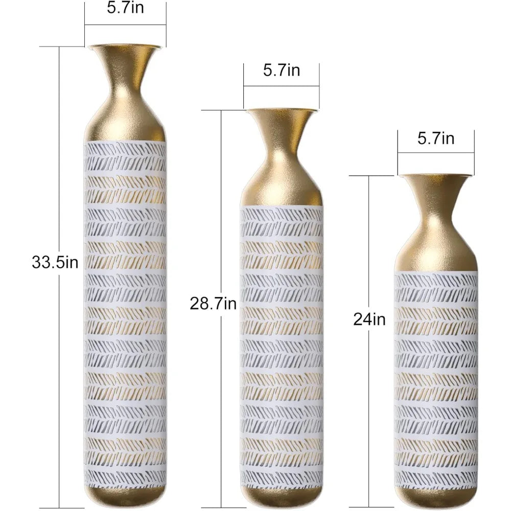 Set of 3 Tall Floor Vases - Large Vintage-Inspired Modern Metal Vases for Living Room Decor, Gold Accents for Hallway and Corner