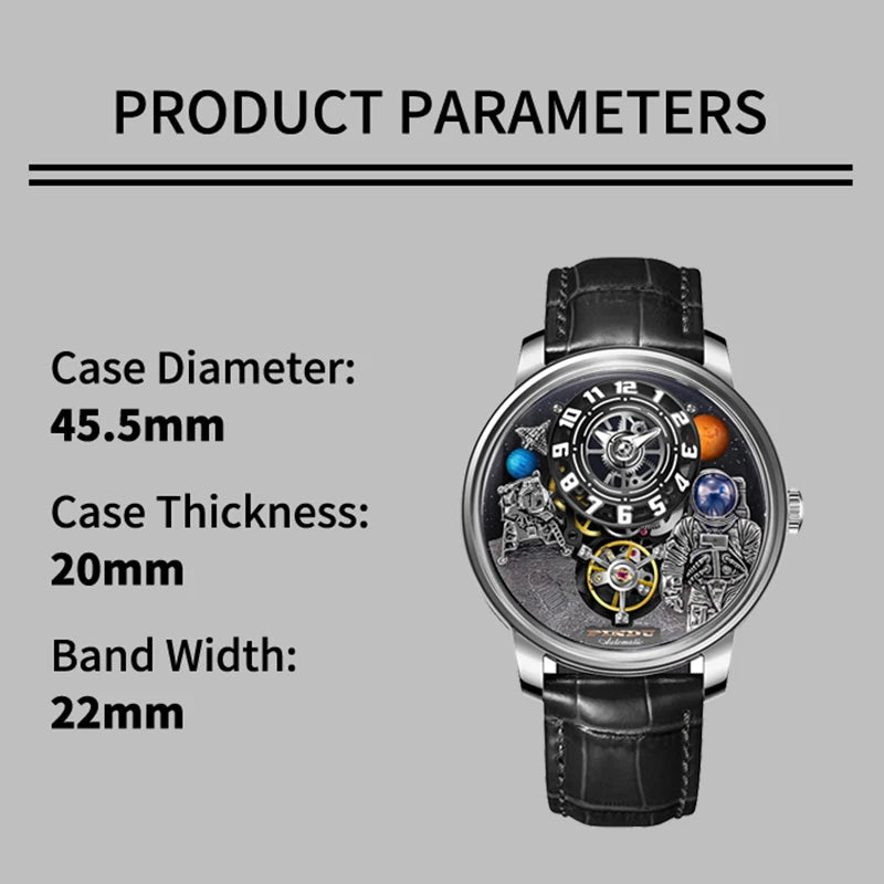PINDU Watch Men Mechanical Watches W2101B Space Dial Astronaut Space Station Luminous Waterproof Men Watch Leather Strap P6630