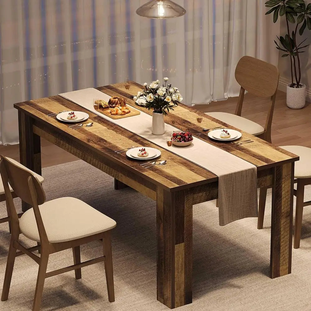 Farmhouse Style Large Rectangular Dining Table for 4-6, Rustic Brown, Ideal for Small Spaces and Apartments