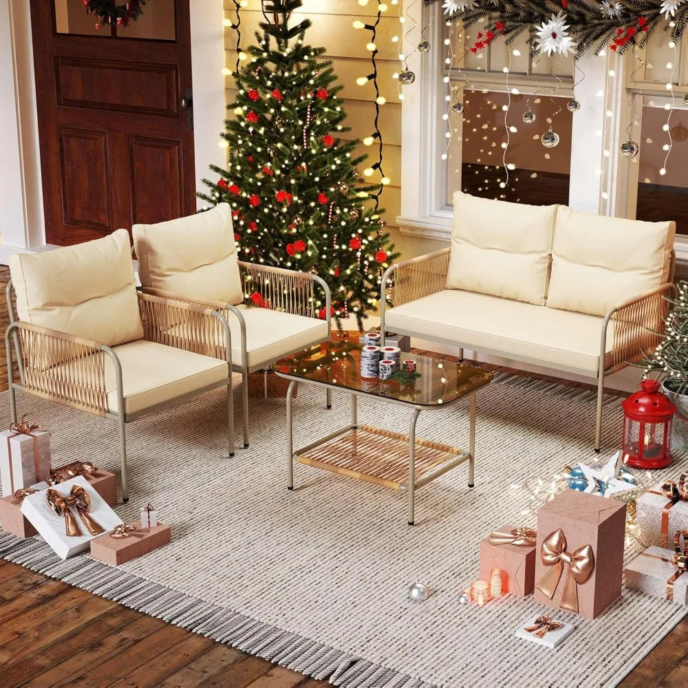 Patio Furniture Set, 4 Pieces Wicker Outdoor Conversation Set, All-Weather PE Rattan Bistro Set with Glass Side Table