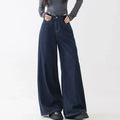 High Waist Straight Leg Loose Fit Denim Jeans Women's Floor Length Lazy Wide Leg Meat Concealing Deep Blue American Style Long P