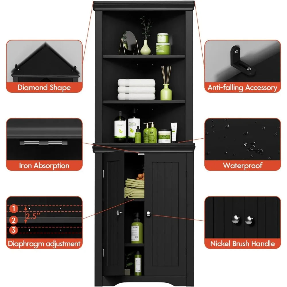 Corner Storage Cabinet with Doors, Adjustable Shelves for Living Room, Bathroom, Kitchen - Dark Black