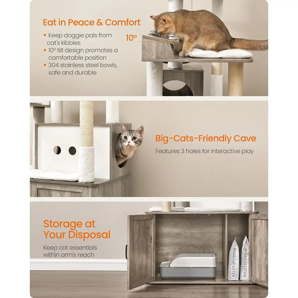 66.9-Inch Large Cat Tower with Litter Box, Food Station, Storage, Scratching Posts, Cave, Hammock, Washable Cushions, Heather Gr
