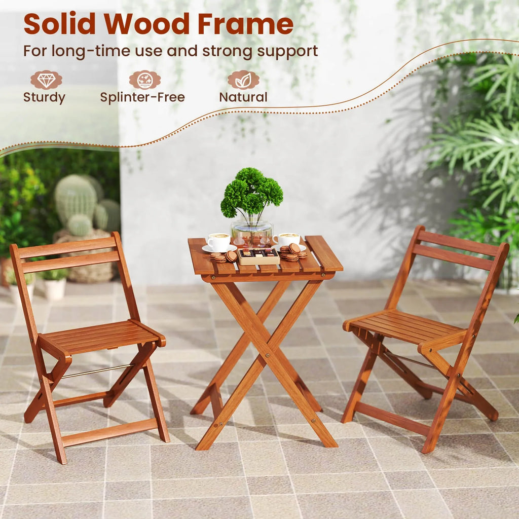 3 PCS Outdoor Wood Bistro Set w/ 2 Folding Chairs & Dining Table for Backyard