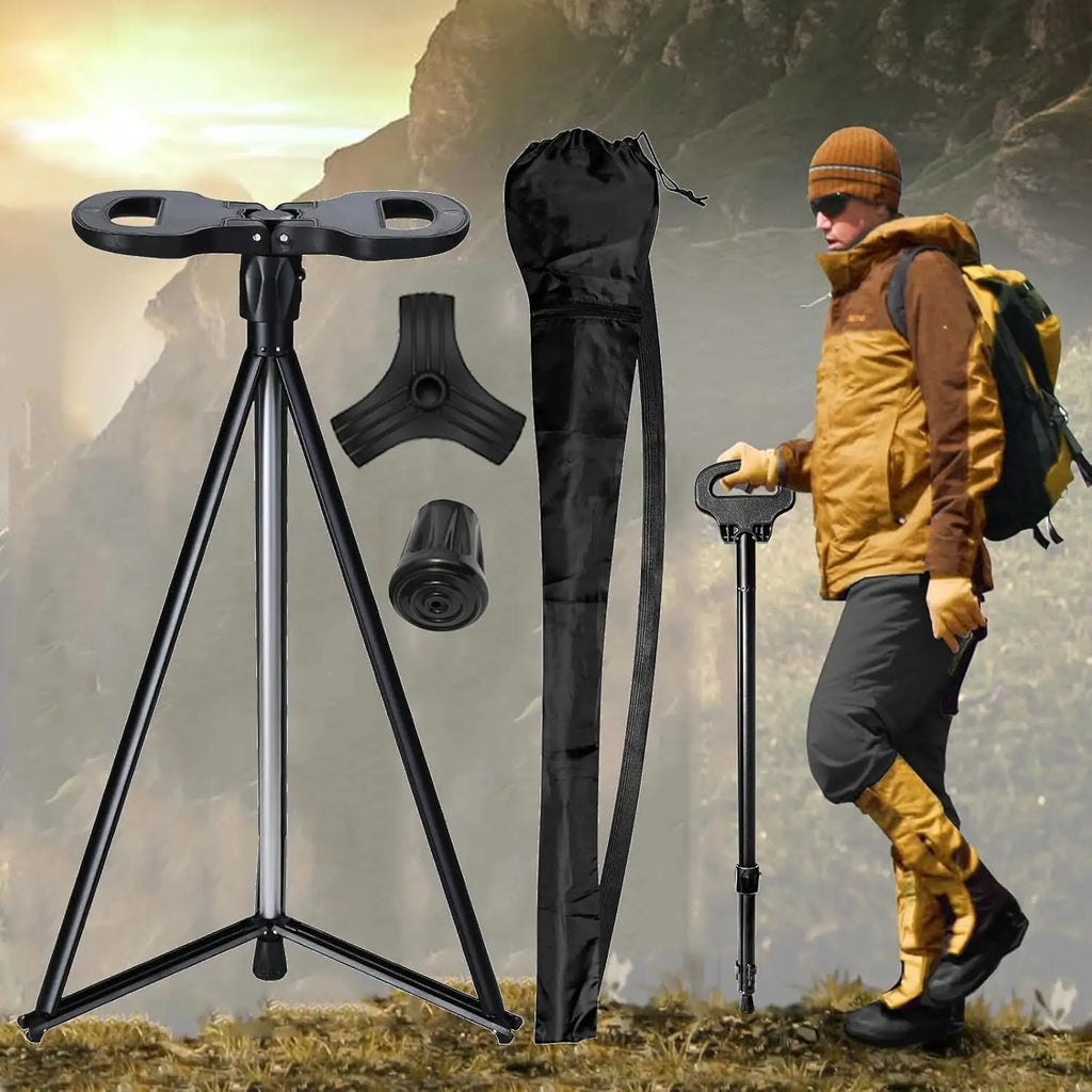 2-in-1 Foldable Walking Cane with Seat, Lightweight Aluminum Trekking Poles for Elderly Men Women, Portable Camping Chair for Ou