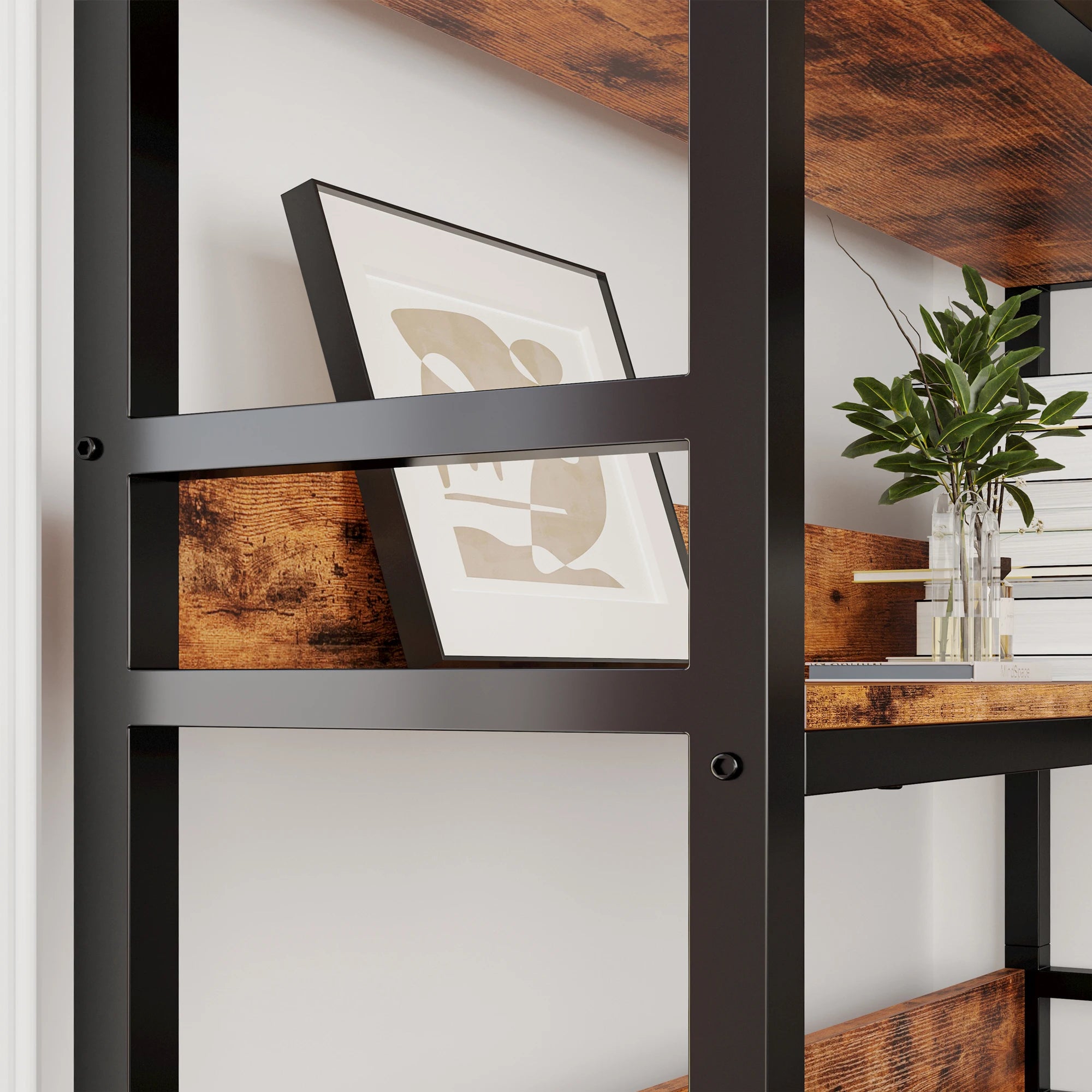 IRONCK Industrial Bookshelves 6 Tiers Corner Bookcases with Baffles Etagere Shelf Storage Rack with Metal Frame for Living Room
