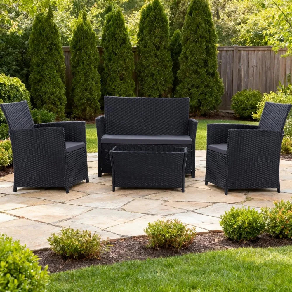 Patio Furniture Set, Outdoor Wicker Conversation Set, Rattan Sectional Sofa Couch with Glass Coffee Table & Thick Cushion