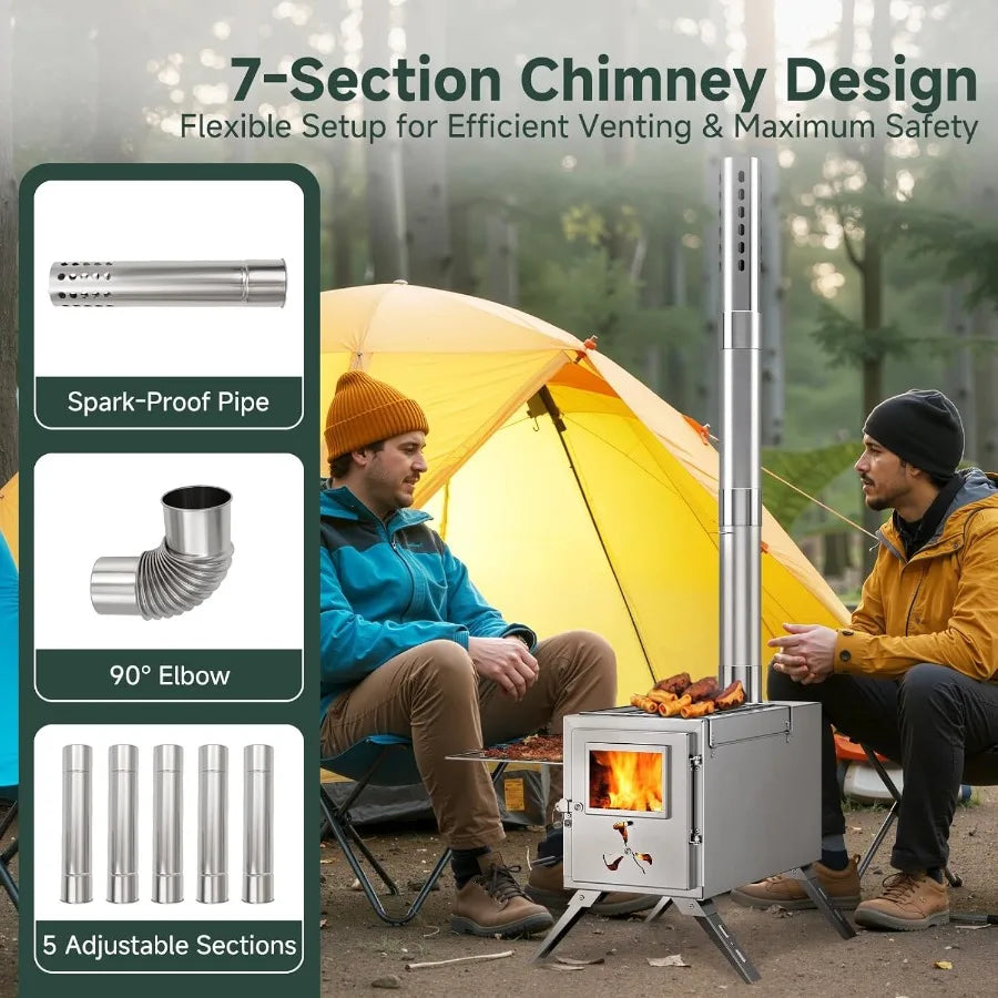 HZT Hot Tent Stove Portable Wood Burning Stove with 7 Chimney Pipes Ideal for Camping Cooking Winter Heating in Remote Outdoor
