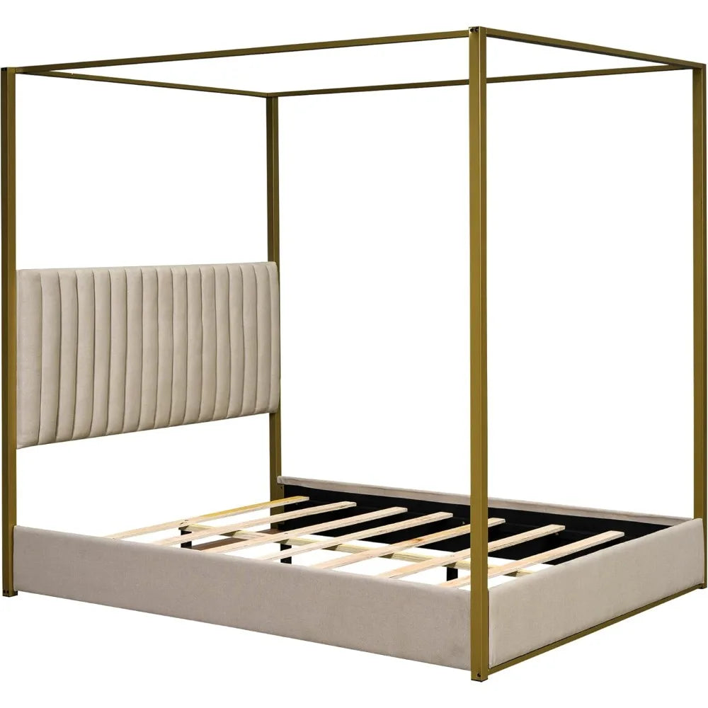 Contemporary Queen Upholstered Canopy Bed with Headboard and Metal Low Profile Platform
