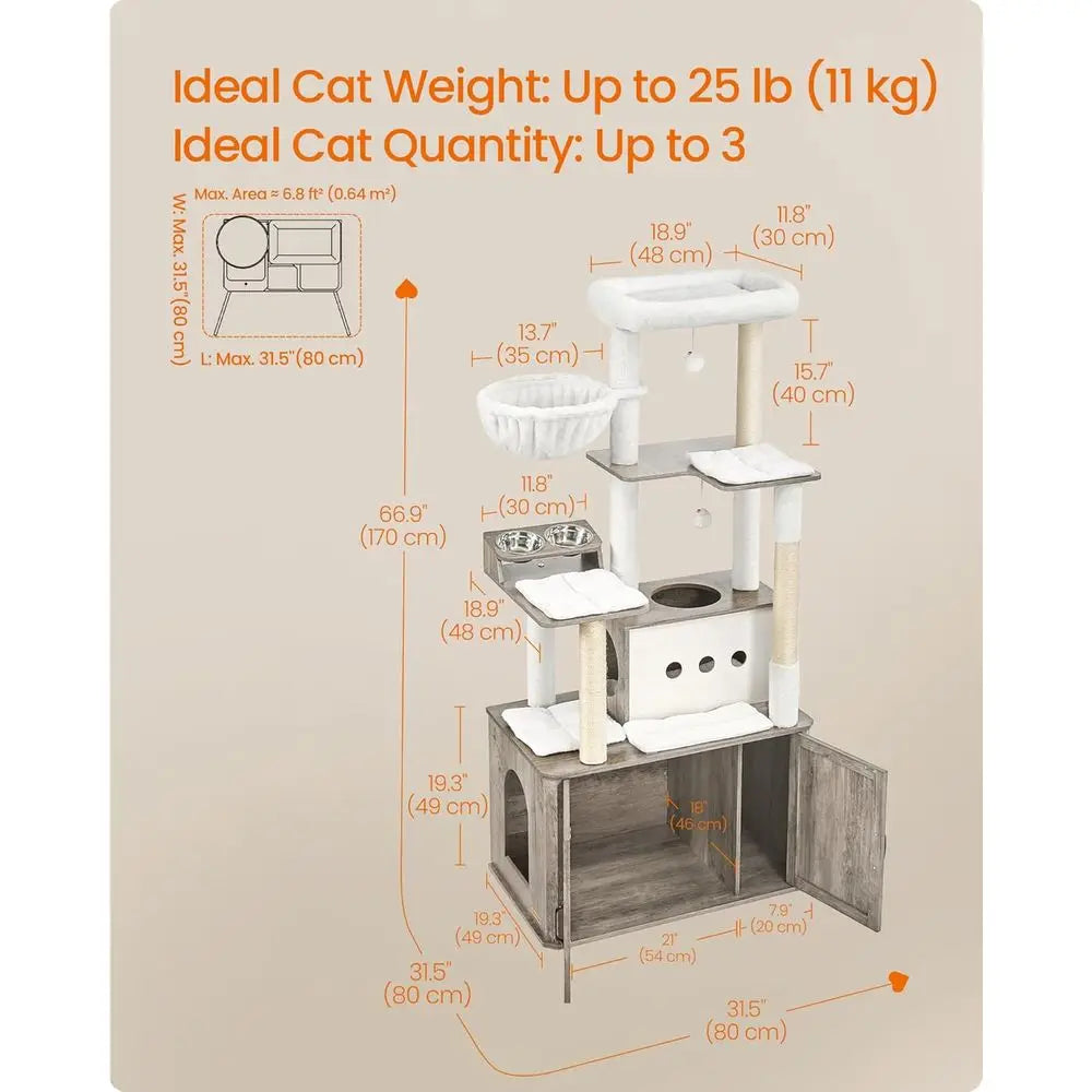 66.9-Inch Large Cat Tower with Litter Box, Food Station, Storage, Scratching Posts, Cave, Hammock, Washable Cushions, Heather Gr