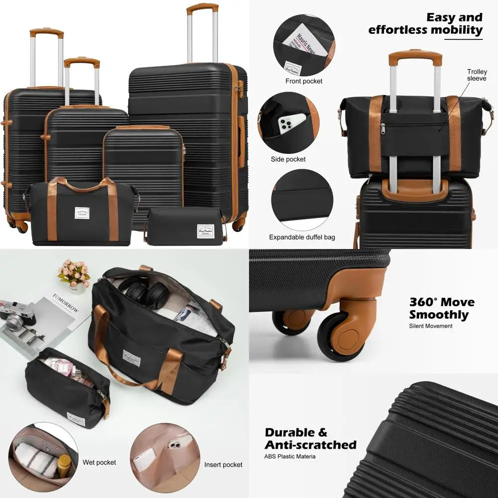 6-piece abs+pc hardshell luggage set with spinner wheels, lightweight suitcase set with tsa lock and ykk zipper