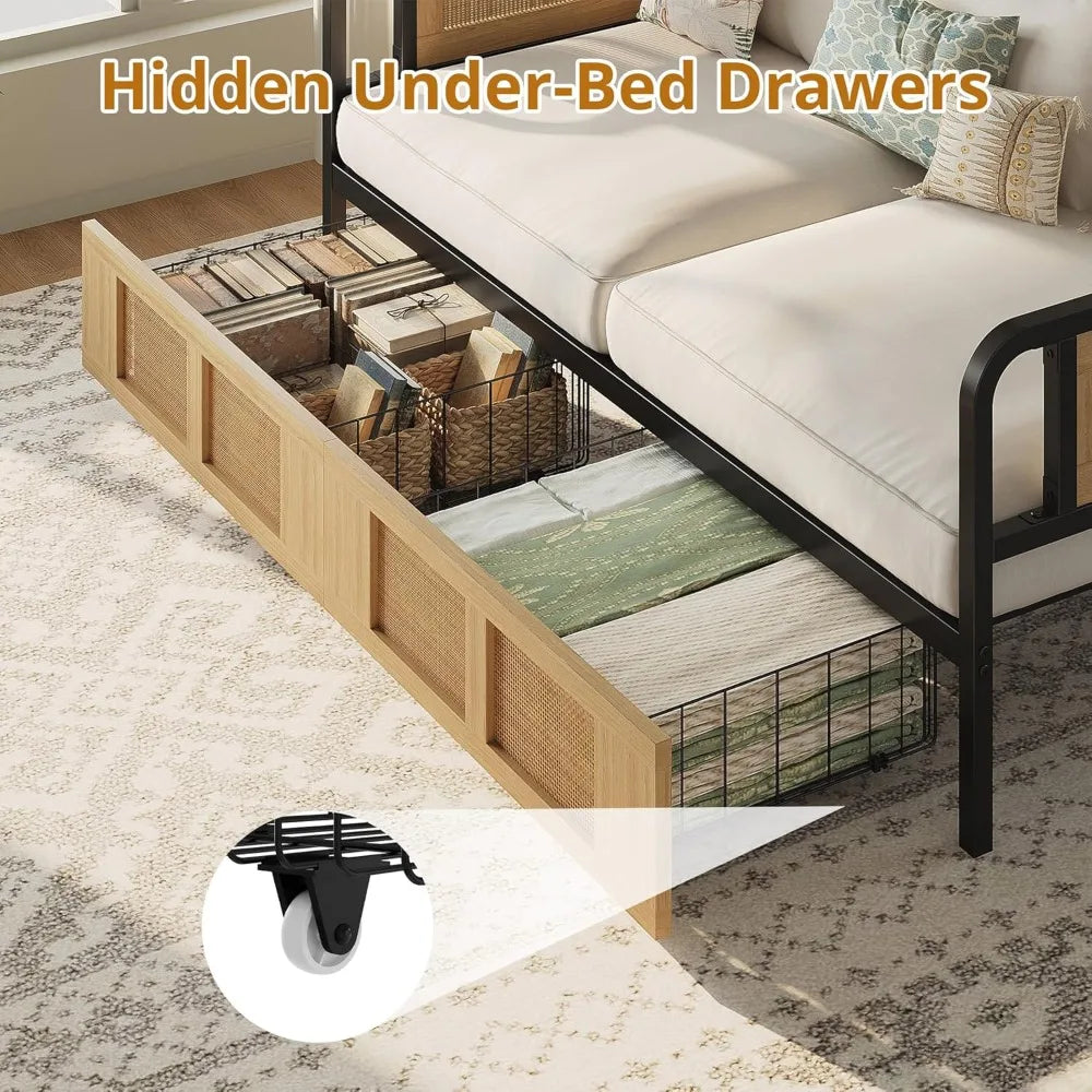 Twin Daybed, Day Bed Frame with Storage Drawers, Rattan Boho Corner Bed Frames with Strong Supports, Sofa DayBed for Living