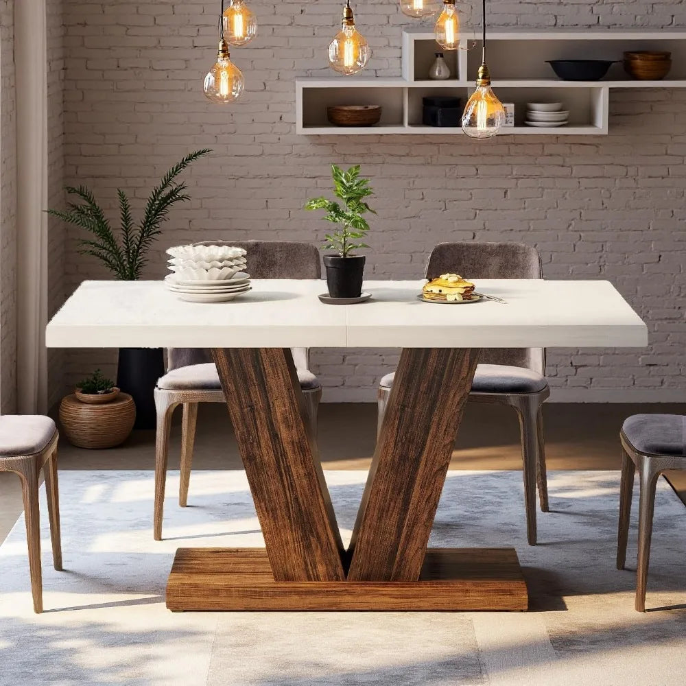 47 Inch Modern Farmhouse Dining Table with Heavy Duty Pedestal Base for 4, Rectangular Wooden Kitchen Table