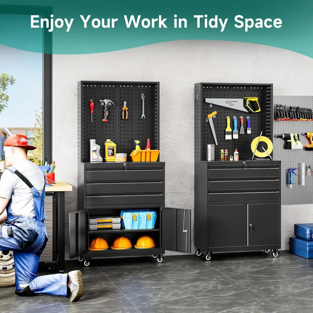 Metal Storage Cabinet with Wheels and Drawers, Rolling Garage Storage Cabinet with Lock, Black Metal Tool Cabinet with Hoo
