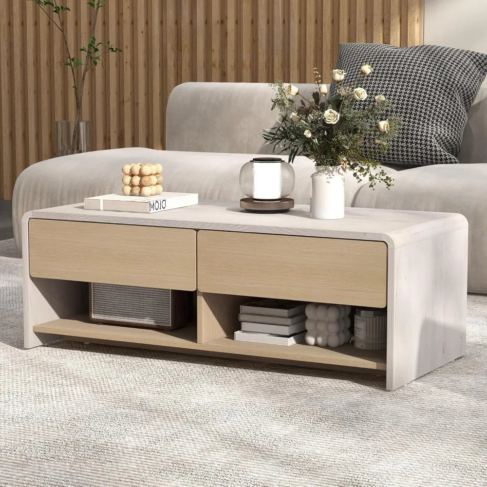 Coffee Table with Storage Drawers, 43 Inch Modern Cocktail Tea Table with 2 Compartments, Wooden Rectangular Center Table