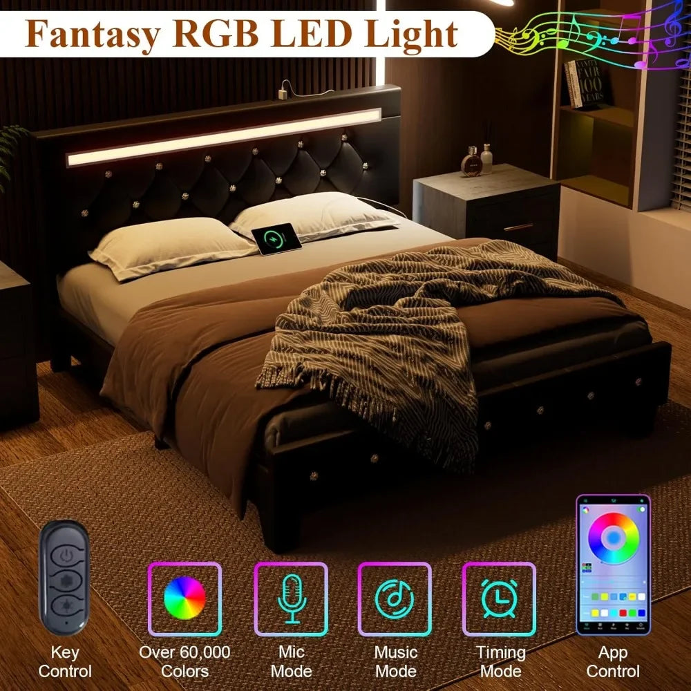 Faux Leather Platform Bed Frame with LED Light And Charging Station Handcrafted Crystal Button Adjustable Headboard Queen Size