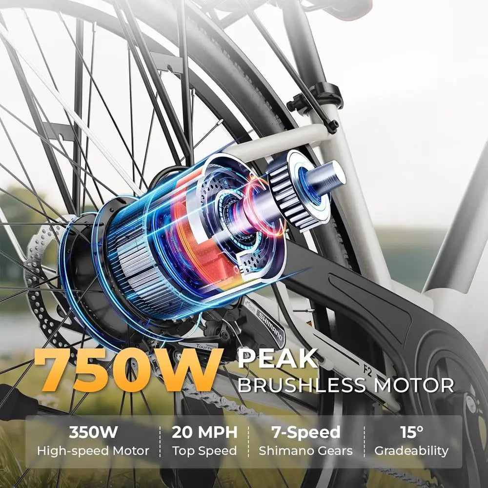 Adult 20MPH 50-Mile E-Bike: 468Wh Battery, 750W Motor, 7-Speed, Front Suspension