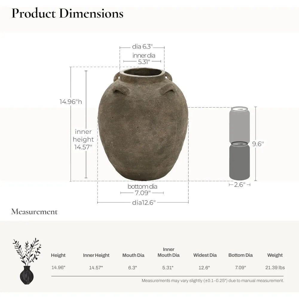 Rustic Ceramic Flower Vase, 15 Inch Tall Brown Terracotta Cauldron Vase for Living Room Decor, Large Floor Vase Home Déc