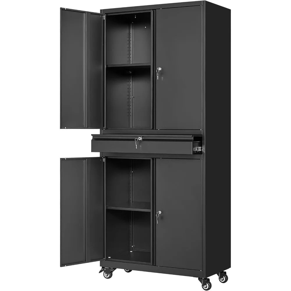 Yizosh Metal Garage Storage Cabinet with Secure Locking Doors and Adjustable Shelves, 73-Inch Rolling Tool Storage Cabinet with
