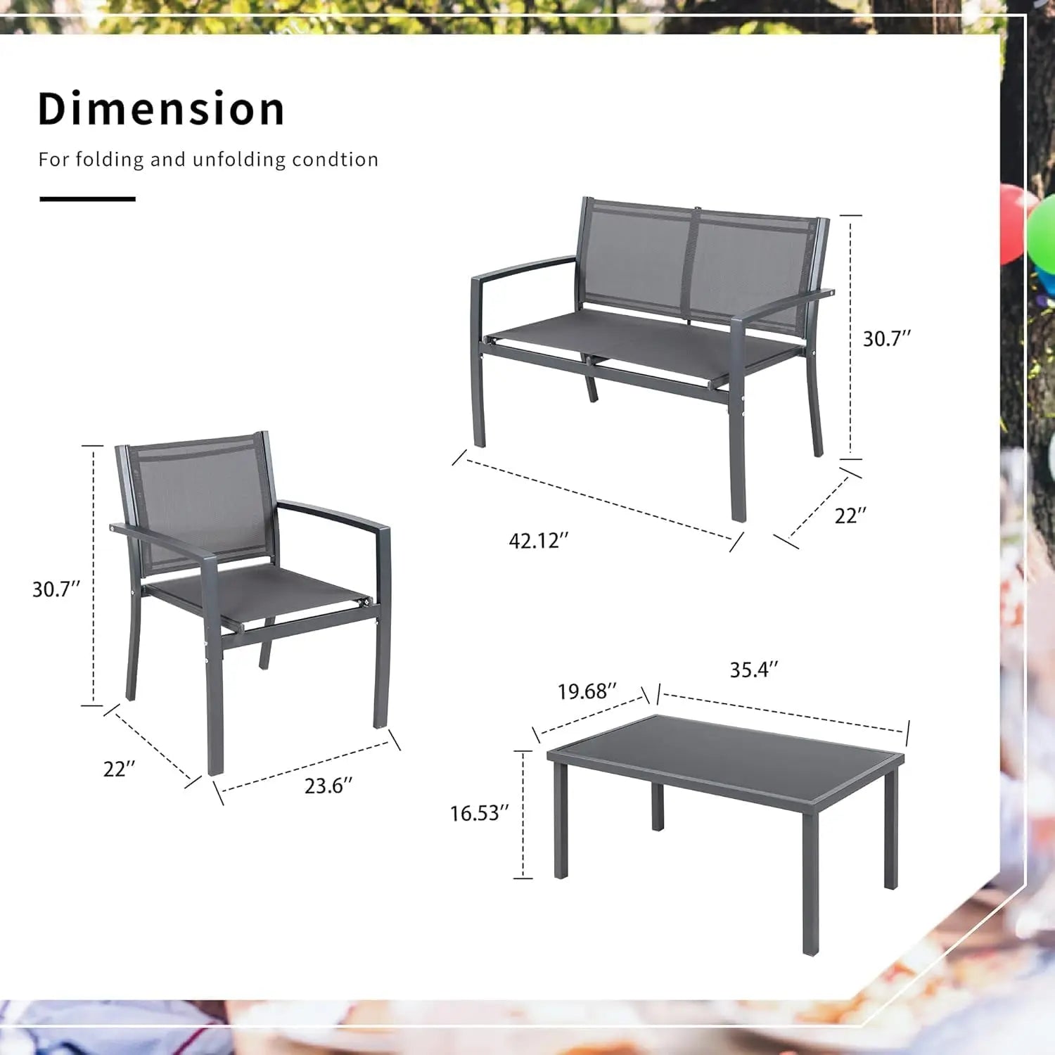 4-Piece Outdoor Patio Set with Glass Table, Loveseat & 2 Chairs for Garden, Lawn, Porch in Gray