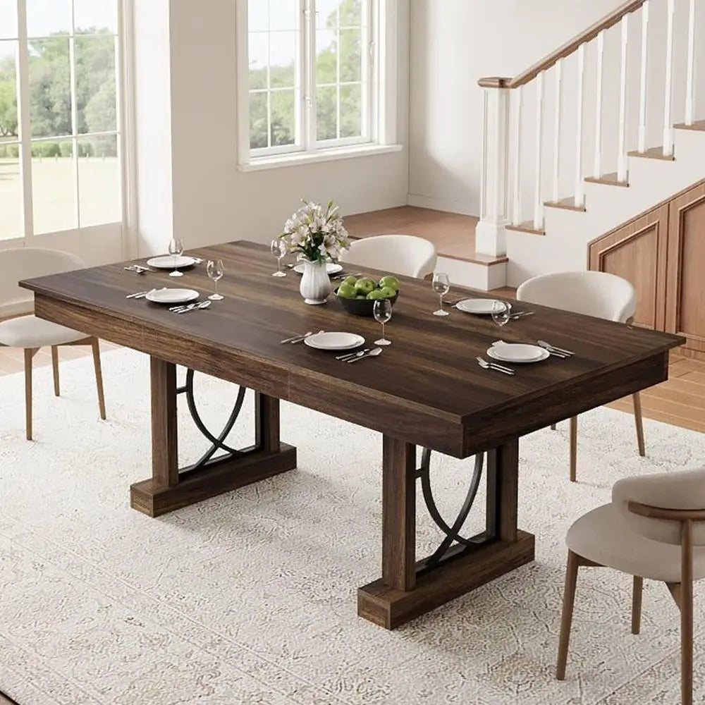 Rectangular Wooden Dining Table for 6-8, Large Kitchen Table with Double Pedestal Base, Sturdy Frame, 71-Inch, Suitable for Dinn