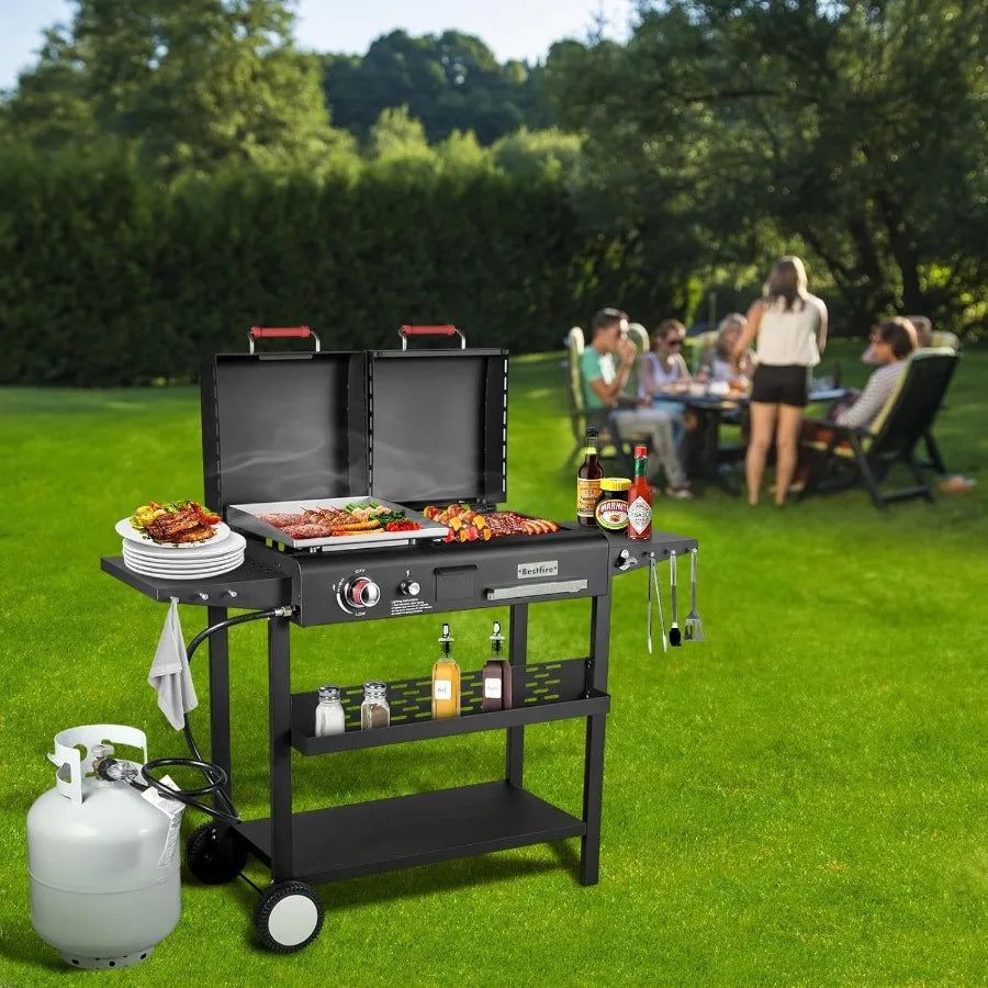 Propane Gas Griddle Charcoal Grill Combo Flat Top Griddle with Dual Lids 2 Side Shelves Dual Fuel BBQ Grill for Outdoor Barbecu