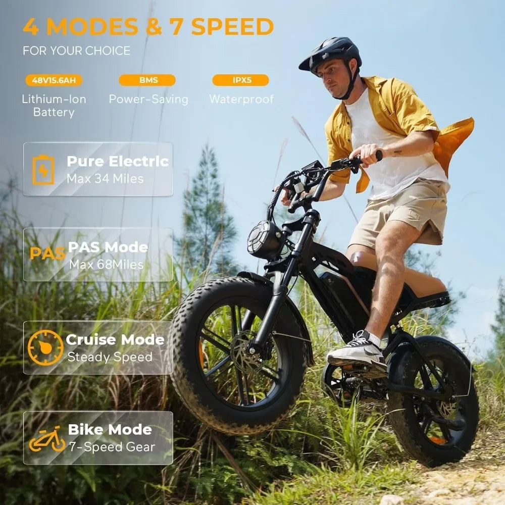 Adult Moped Style Electric Bike 750W/1500W 28mph/30mph/33mph 34-80 Miles PAS Range 48V 15.6ah/18.2ah Battery Ebike