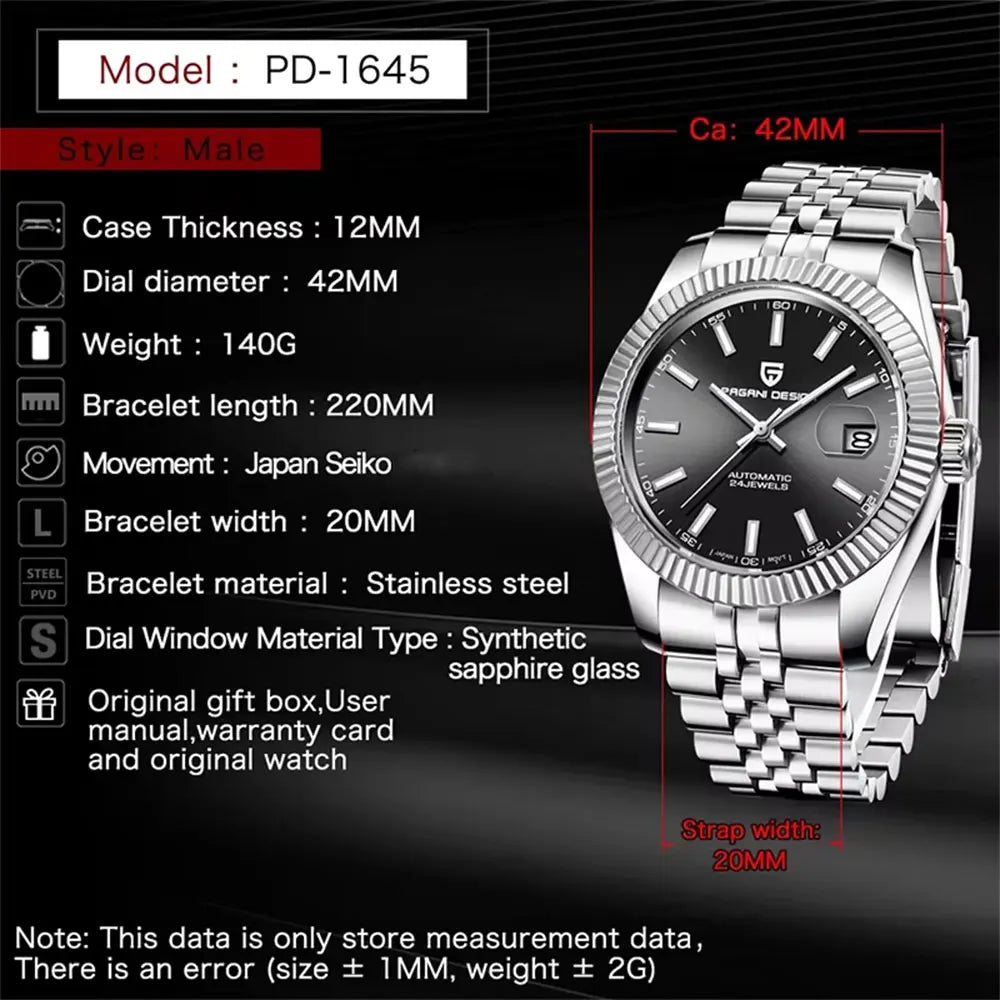 PAGANI DESIGN Mechanical Watch Men Top Brand Sapphire Automatic Watch Stainless Steel 100M Waterproof Men Watch Gift RelojHombre