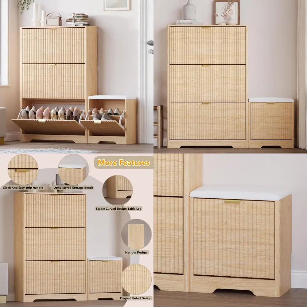 slim shoe cabinet with bench for entryway, hidden storage and adjustable shelves, free standing wooden shoes organizer for foyer
