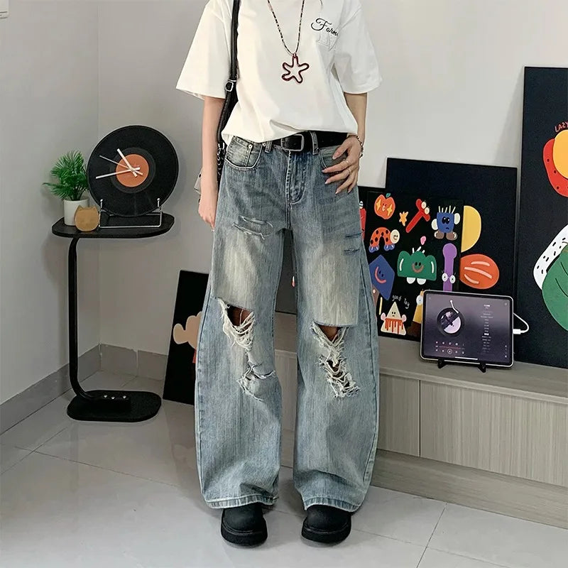 American retro new style bamboo joint old ripped jeans for men and women draped casual and versatile loose straight trousers