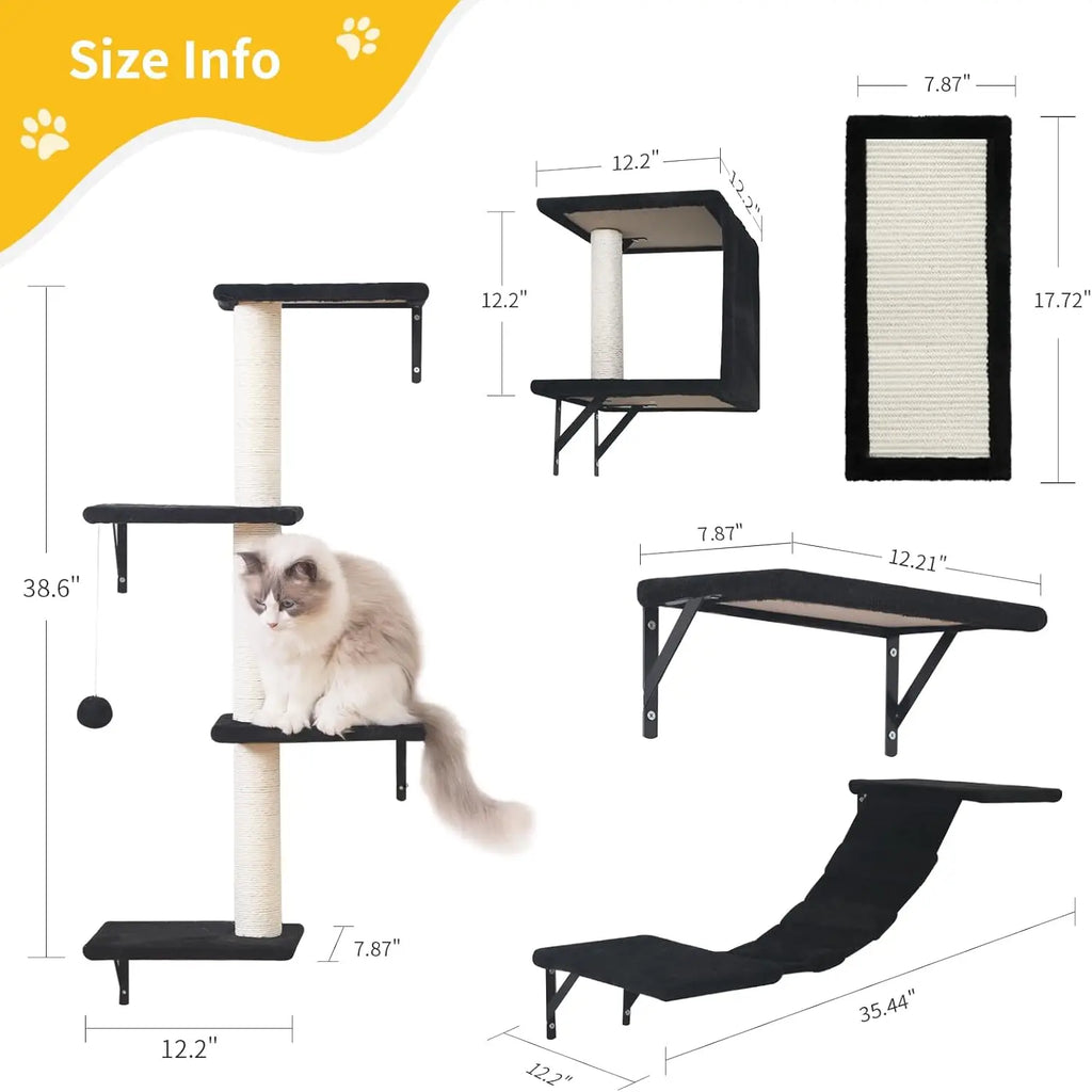 Wall-Mounted Cat Furniture Set - 5pcs Shelves with House, Bridge, Tree, Steps, Scratcher in Black