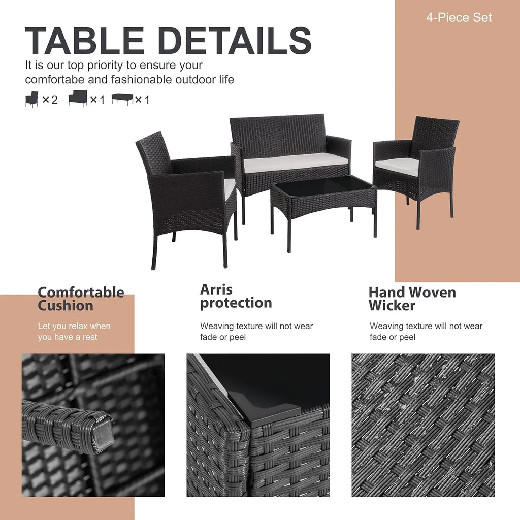 4-Piece Outdoor Patio Furniture Set with Wicker Chairs and Glass Coffee Table for Garden or Poolside