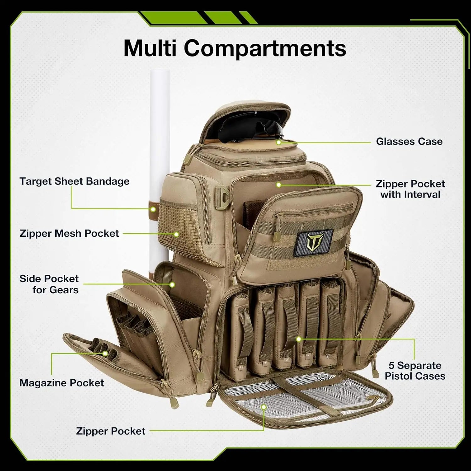 Tactical Range Backpack Bag for Gun and Ammo with Pistol Case
