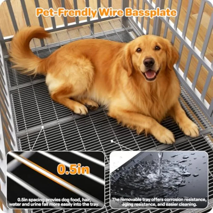 48 Inch Heavy Duty Indestructible Dog Crate Steel Escape Proof Indoor Double Door High Anxiety Cage with Wheels Removable Tray