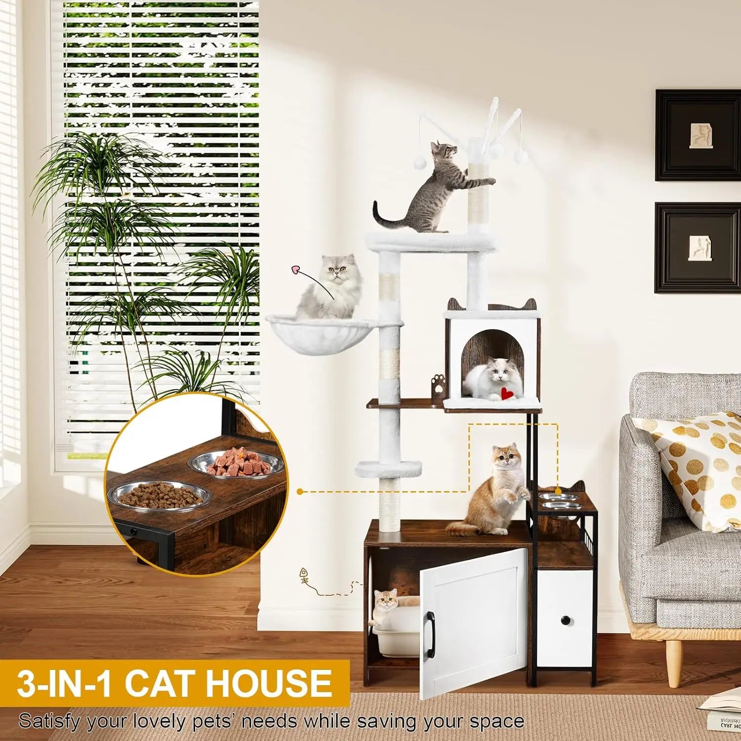 3-in-1 Cat Tree with Hidden Litter Box, 67-inch Tall Cat Tower for Indoor Cats, Includes Condo and Feeding Station