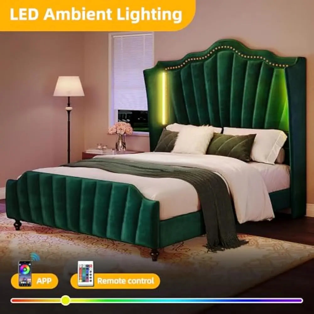 LED Queen Size Platform Bed Frame with 60" Tall Wingback Headboard and Footboard, Velvet Upholstered Bed, No Box Spring Needed