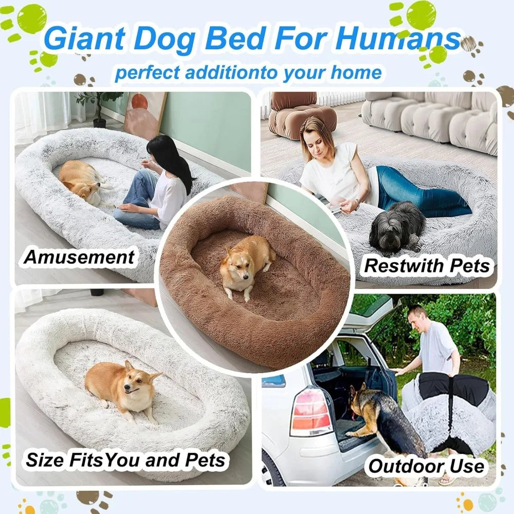 Giant Washable Faux Fur Dog Bed for Humans - Extra Large Nap Bed, Adult Oval Design, Comfortable Pet Bedding