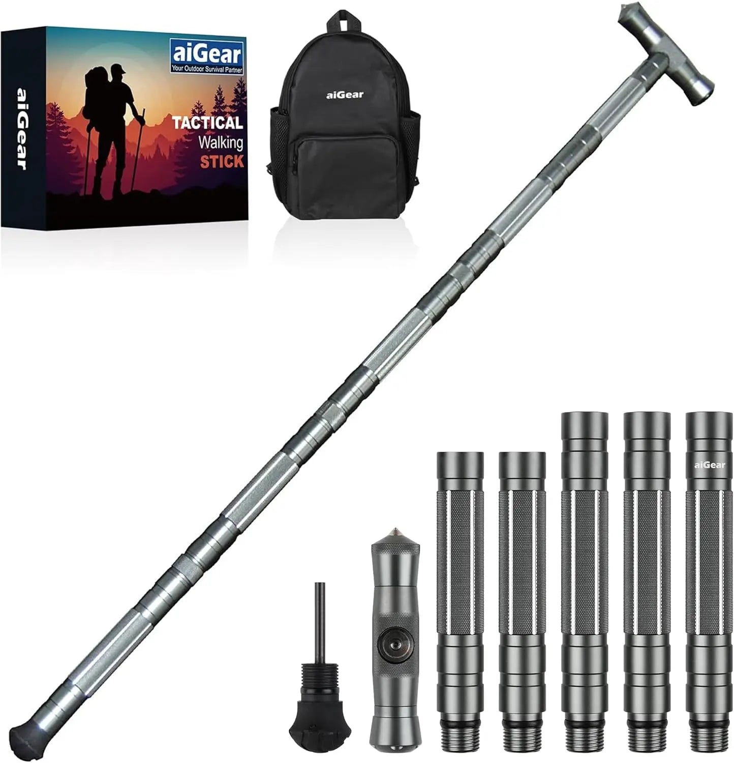 G2 Tactical Stick Hiking Walking Staff - Trekking Poles Outdoor Adjustable Hiking Stick for Camping Hiking 5 Tubes Gray