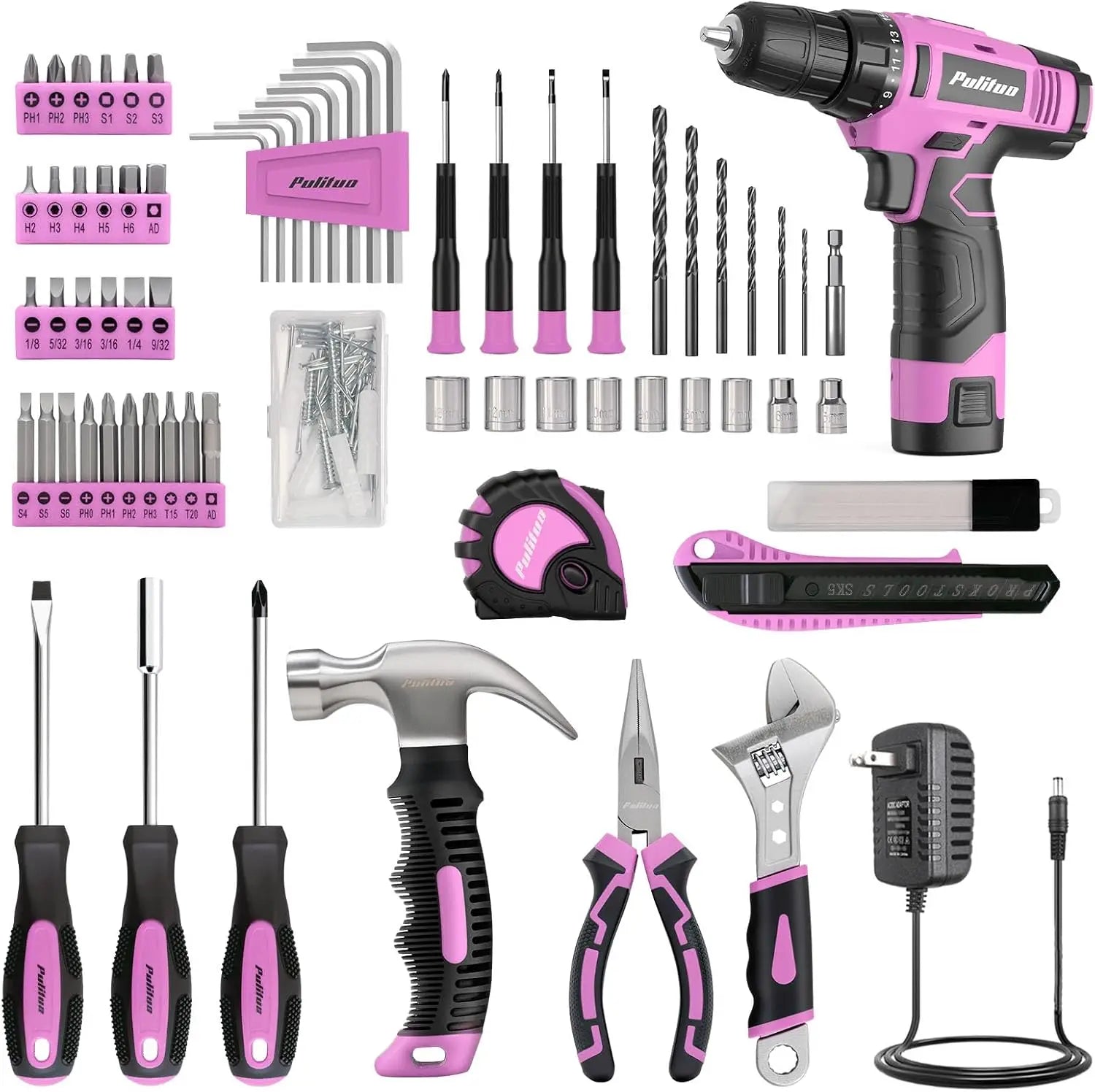 148-Piece Pink Cordless Drill Tool Set with 12V Electric Drill, Hand Tools & Storage Box for Home DIY Projects