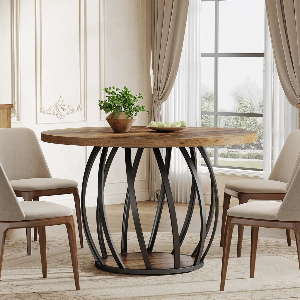 Tribesigns Round Dining Table, 46-Inch(118cm)Wood Kitchen Table with Sturdy Metal Base for 4-6 People,Rustic Brown