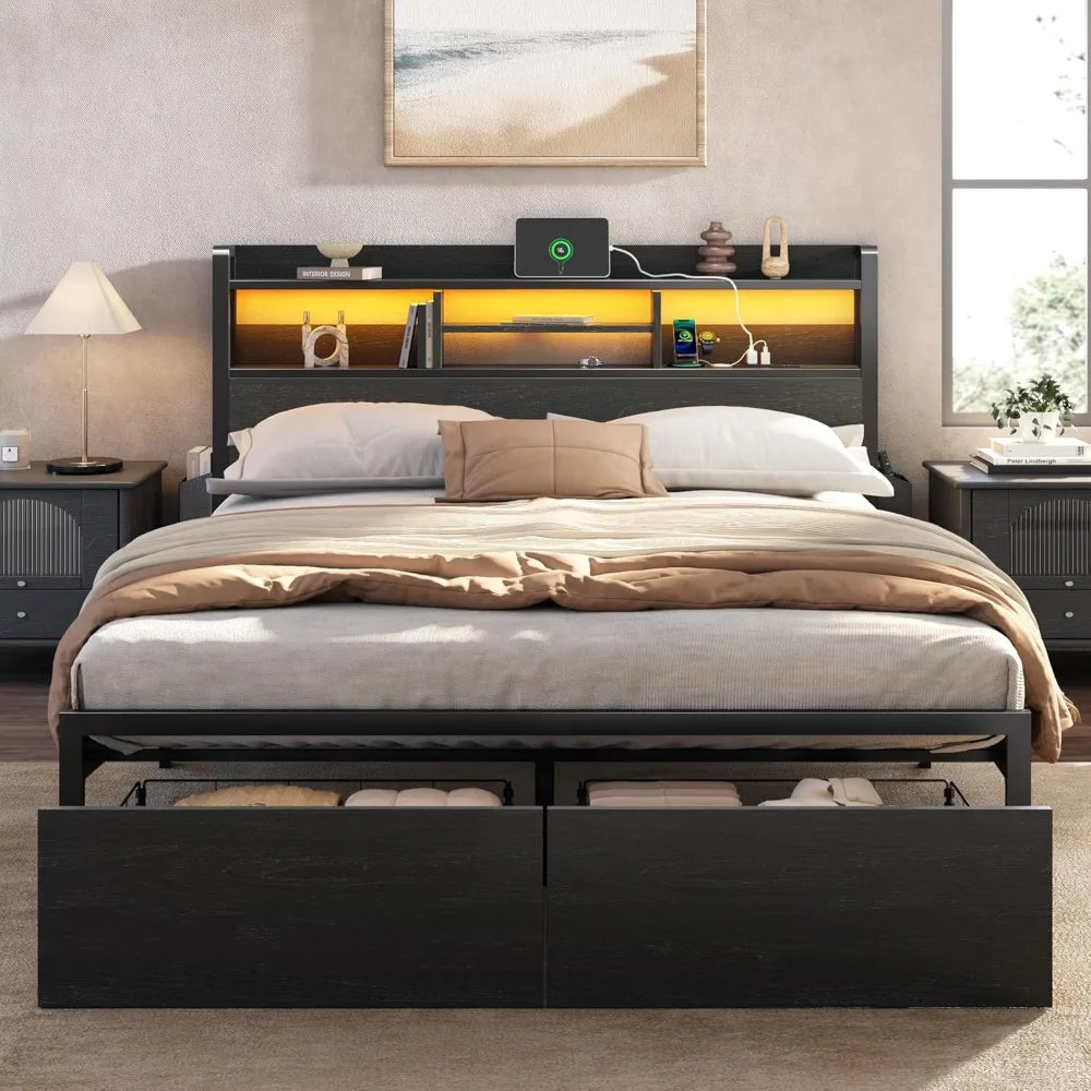 Queen Size Wood Headboard Bed Frame with Storage Shelf and Metal Platform Base, Including Storage Drawers and LED Lighting