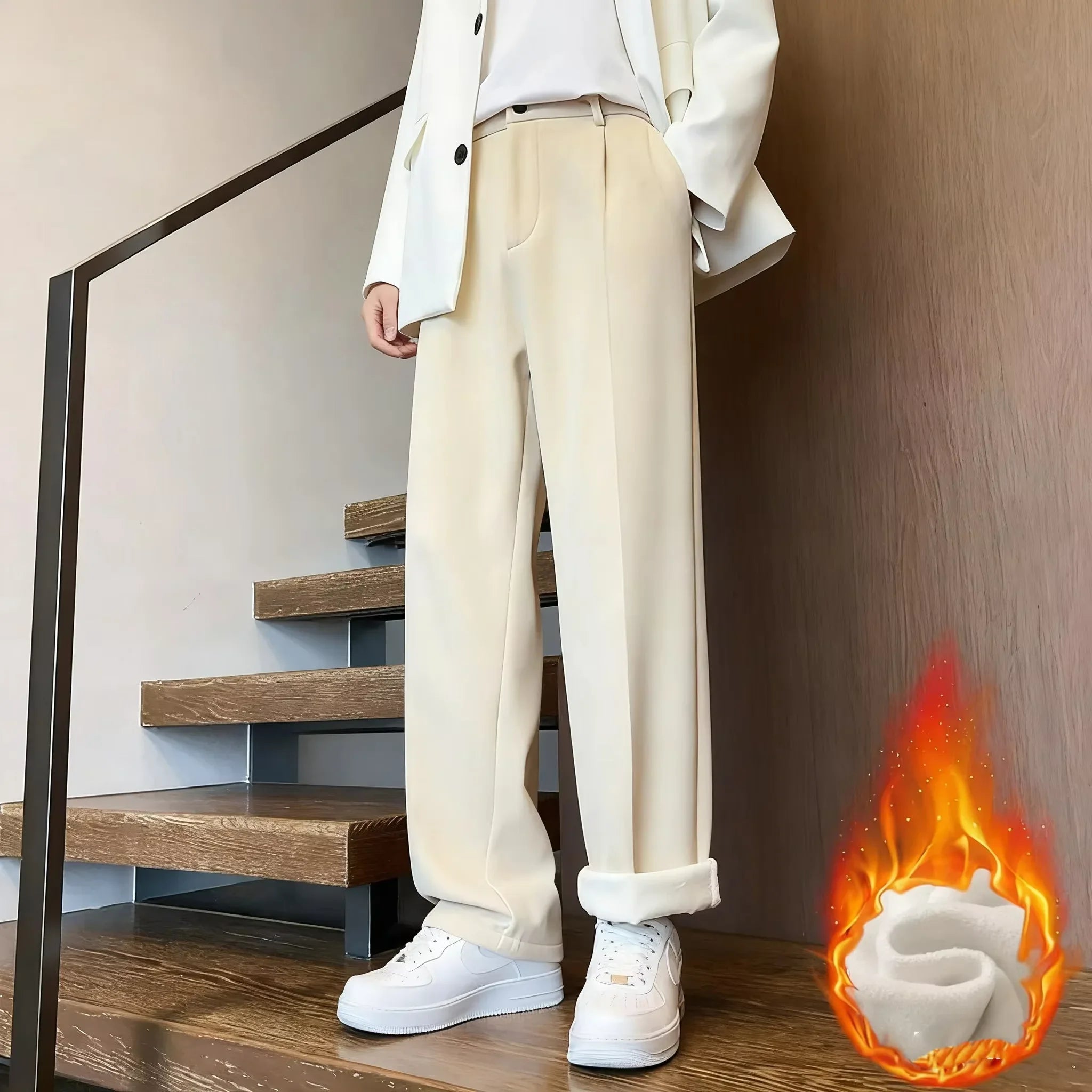 Men Autumn Winter Fleece Lined Trousers High Waisted Flannel Pants American Style Straight Wide Leg Bootcut Draping Men Pants