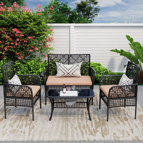4-Piece Outdoor Patio Furniture Set with PE Rattan Chairs, Tempered Glass Table, and Cushions for Backyard, Poolside, Lawn (Khak
