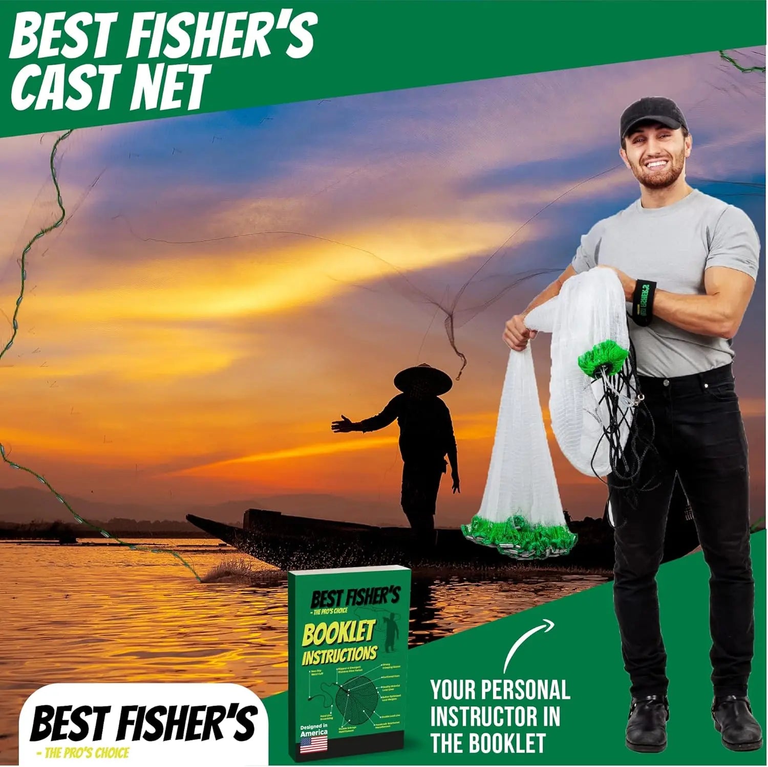 Premium Cast Nets for Fishing - 4ft to 12ft Sizes, 3/8" Mesh with Lead Weight, Includes E-Book and Utility Box