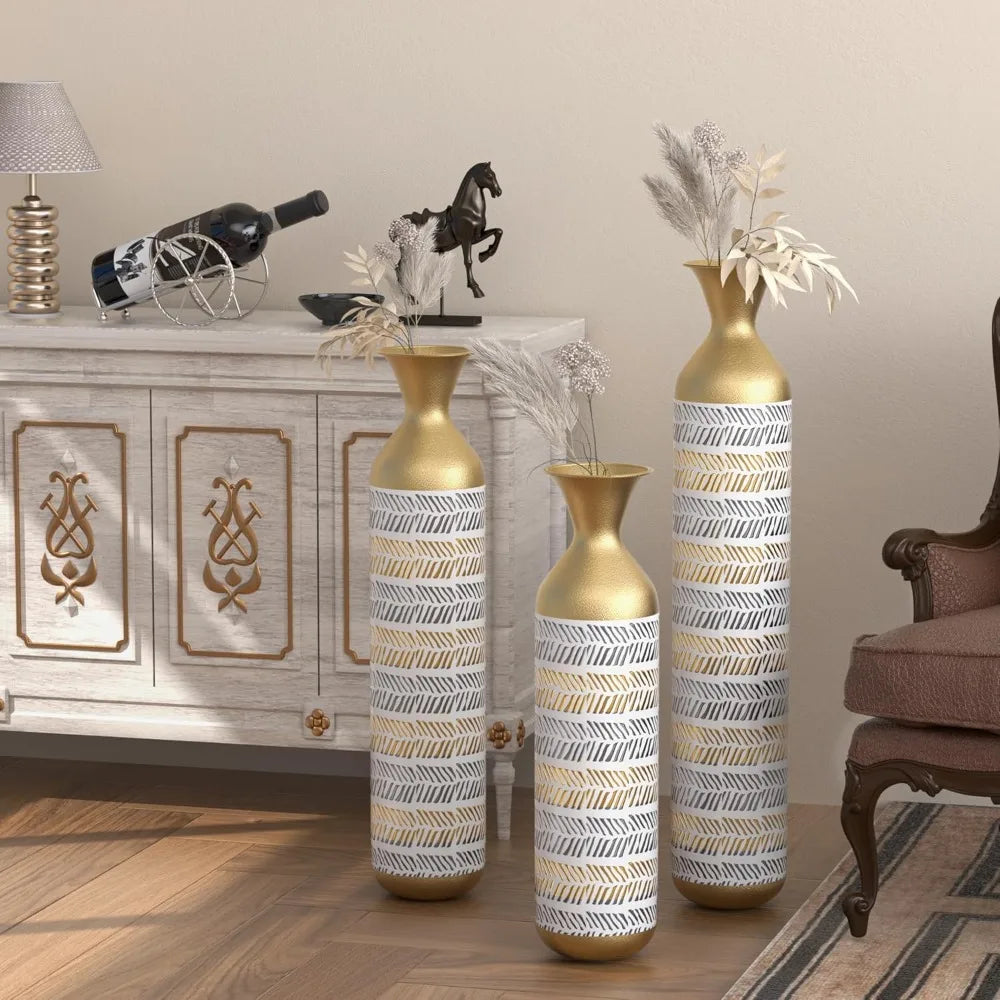 Set of 3 Tall Floor Vases - Large Vintage-Inspired Modern Metal Vases for Living Room Decor, Gold Accents for Hallway and Corner