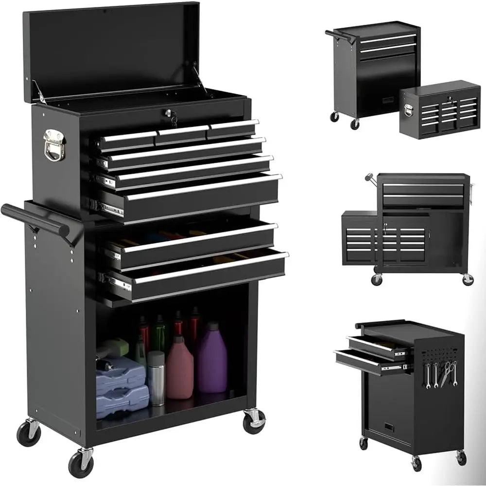 4-Wheel Portable Tool Chest with Lockable Top Box, 8-Drawer Storage for Garage and Warehouse (Stylish Black)