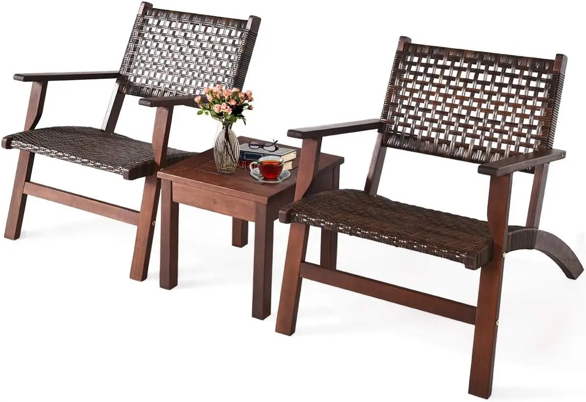 3-Piece Outdoor Patio Set, Eucalyptus Wood Frame Wicker Bistro with Coffee Table, Brown Rattan Furniture for Backyard, Porch, Ga