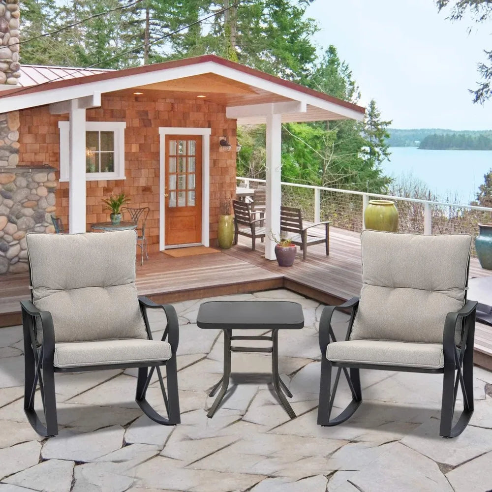 Outdoor 3-Piece Rocking Bistro Set, Modern Patio Furniture Set w Warm Gray Cushion, Glass Coffee Table, Small Rocker