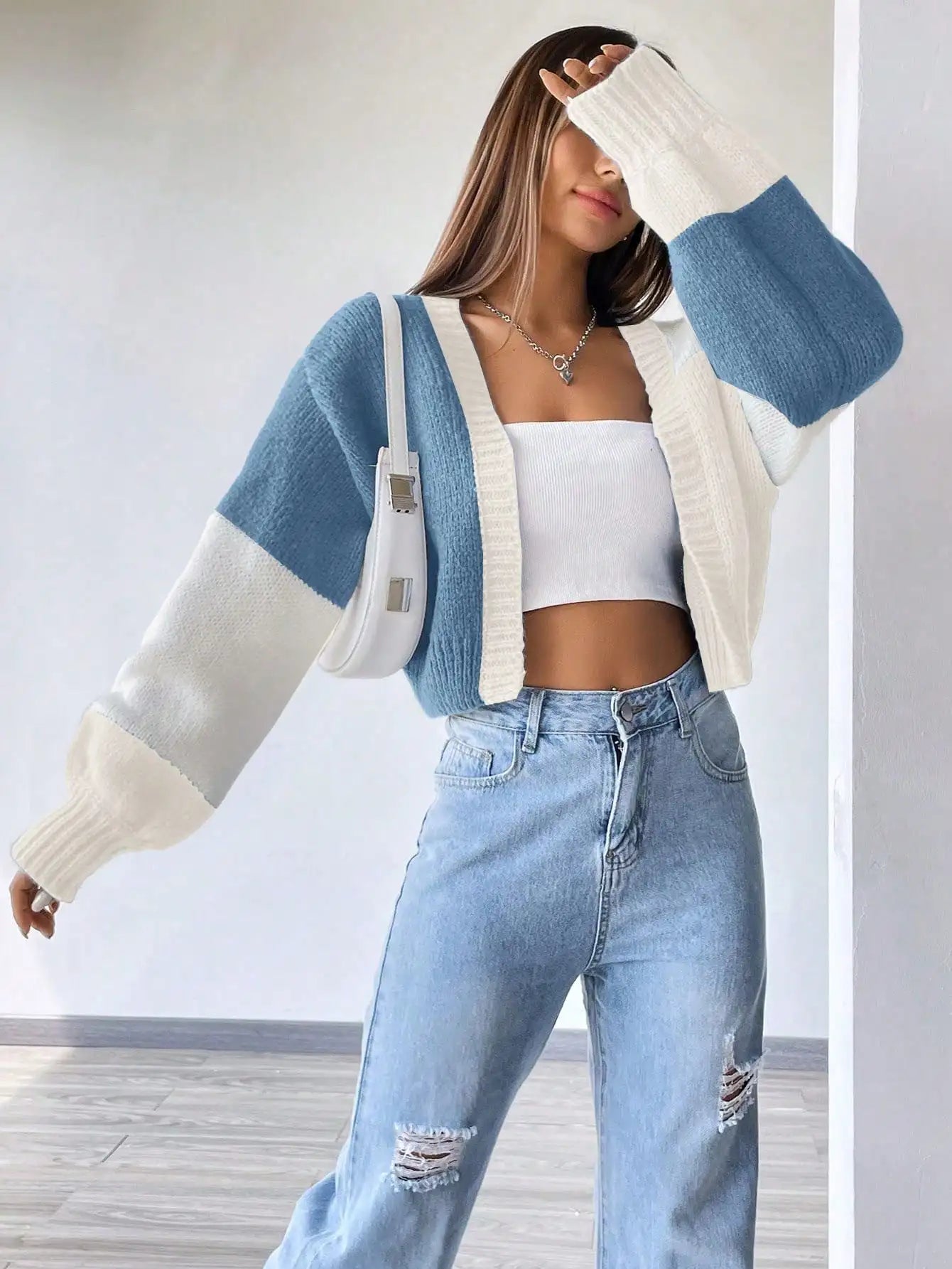 Color Block Drop Shoulder Knit Cardigan for Women, Long Sleeve Fall Winter Casual Top