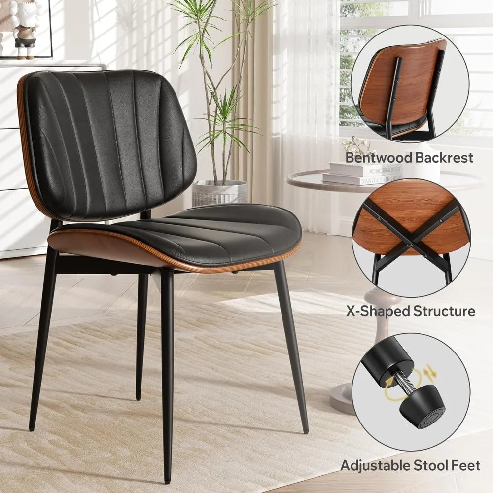 Dining Chairs Set of 4, Mid Century Modern Dining Room Chair, Upholstered Faux Leather Kitchen Chairs with Walnut Bentwood